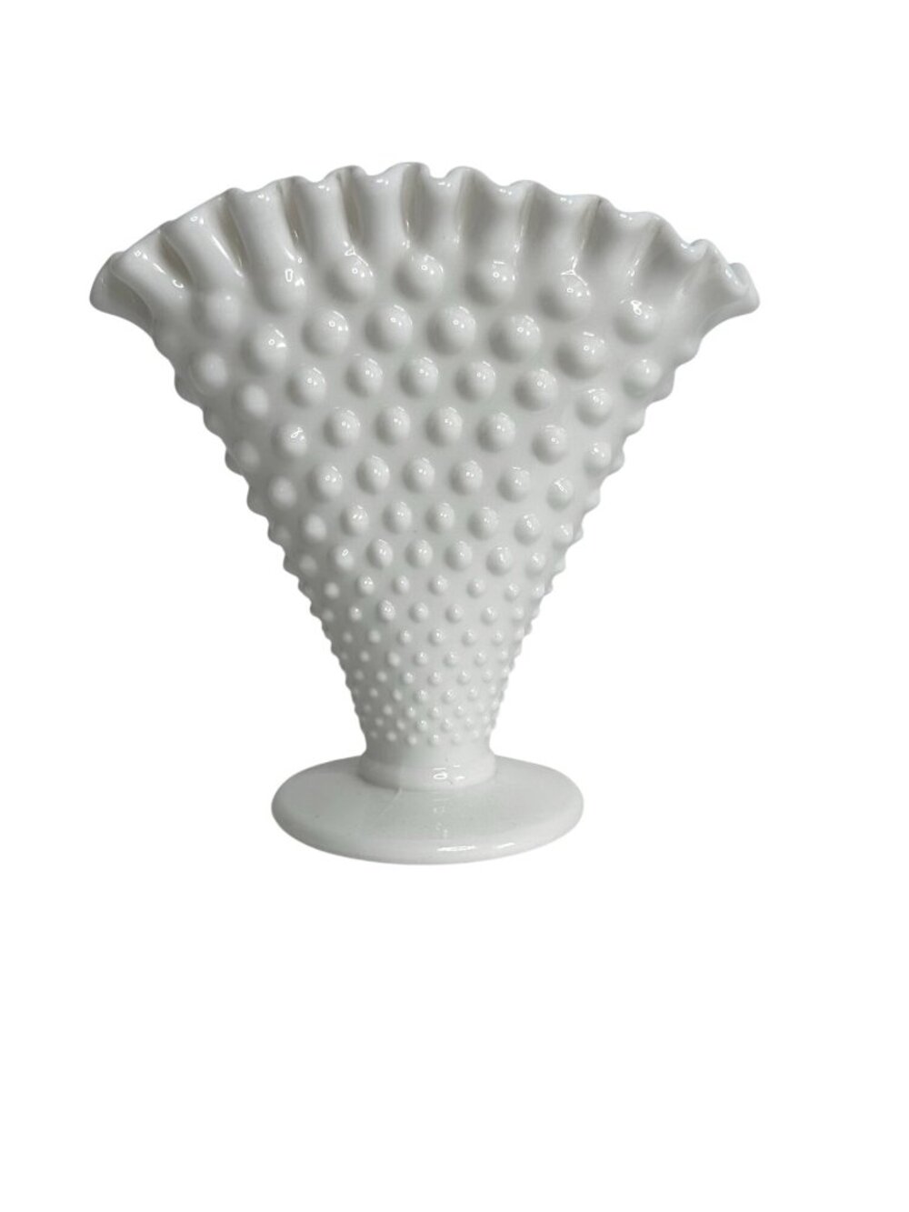 VTG Fenton Hobnail Milk Glass Fan Vase Crimped Edge White Footed Floral Vase 6"